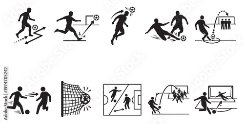 A comprehensive collection of black silhouette icons depicting various football actions, including dribbling, shooting, passing, tackling, heading, and goal saving.