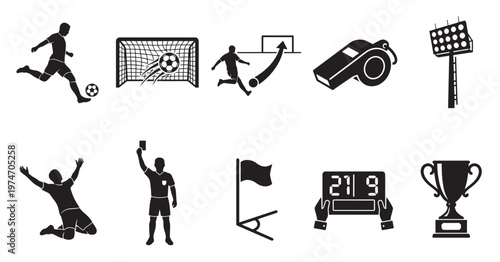 This vector illustration features a comprehensive collection of black silhouette soccer game icons, including players in various actions, referee signals, a goal, whistle, trophy, and scoreboard,.