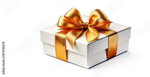 White gift box with golden bow. Surprise. No isolated on white background.