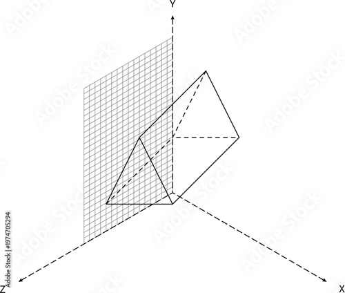 3D Coordinate System Double Pyramid Wireframe Grid Plane Perspective Minimal Style Mathematics Visualization Black White Element. Geometry Visualization Cartesian System X Y Z Arrows Spatial Orientati