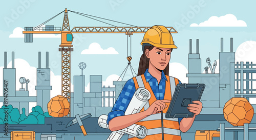 Female Civil Engineer or Architect Holding Blueprints at Construction Site Vector Illustration