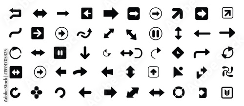 Comprehensive set of 50 black vector arrow and directional icons on white.