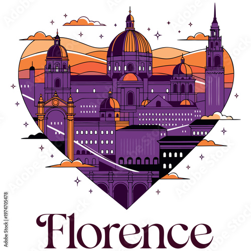 Heart Shaped Illustration of Florence Italy City Skyline with Santa Maria del Fiore Duomo at Sunset, Stylized Purple and Orange Travel Poster Graphic