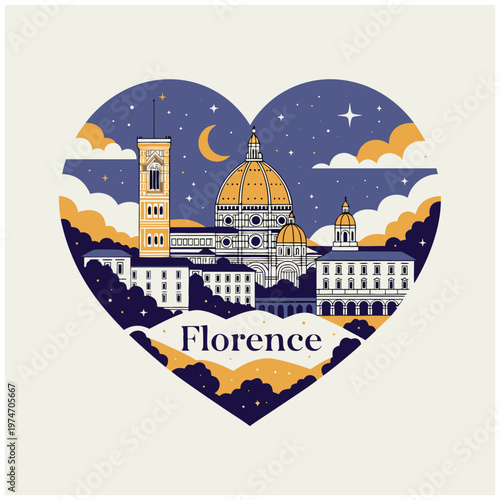 Romantic Florence Italy Skyline Illustration in Heart Shape with Santa Maria del Fiore Duomo and Giotto's Campanile at Night, Vintage Travel Poster Style Vector Art
