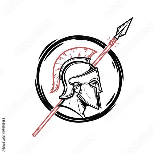 Spartan Warrior Helmet with Red Plume and Spear Logo, Ancient Greek Soldier Mascot Vector Illustration