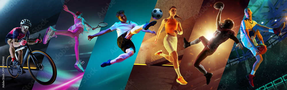 Obraz premium Neon lit sports collage with athletes in cycling tennis football running and basketball action. Concept of modern sport energy night training dynamic motion and high intensity performance.