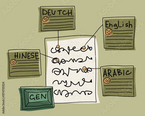 AI Multilingual Writing Concept Hand Drawn Education Beige Green Illustration. Abstract Central Text Sheet Connected Language Cards English Arabic Chinese German Showing Translation Process Creative L