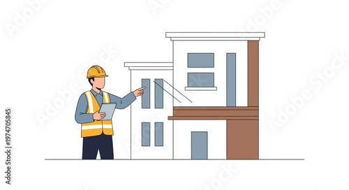 Construction engineer inspecting modern building blueprint illustration