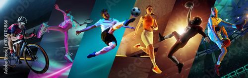 Neon lit sports collage with athletes in cycling tennis football running and basketball action. Concept of modern sport energy night training dynamic motion and high intensity performance.