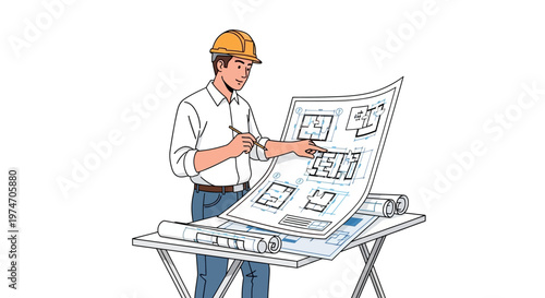 Architect reviewing blueprints on drafting table in construction setting