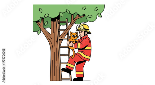 Firefighter rescuing a cat from a tree illustration