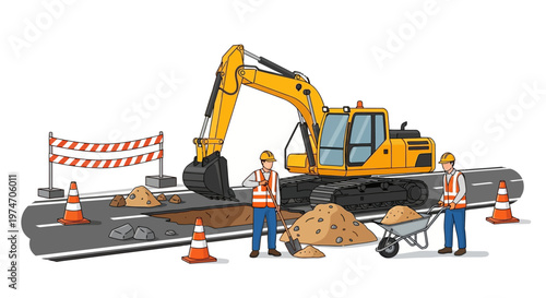 Construction workers operating excavator on urban roadwork site