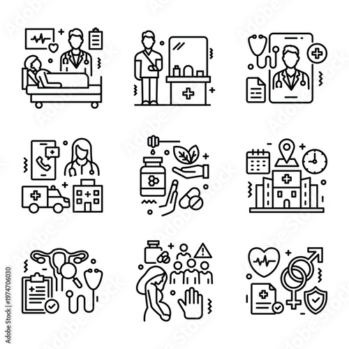 Comprehensive healthcare illustration pack covering medical services, patient care, prevention, and modern health solutions in a clean, professional style.