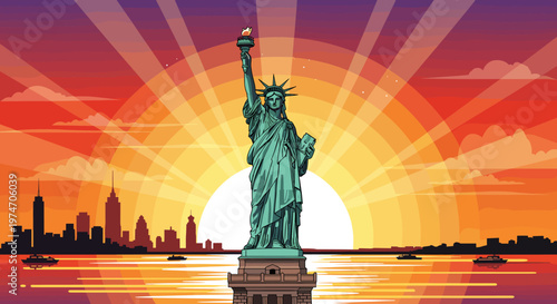 The Statue of Liberty stands tall against a vibrant sunset over the New York City skyline, with boats sailing on the water.