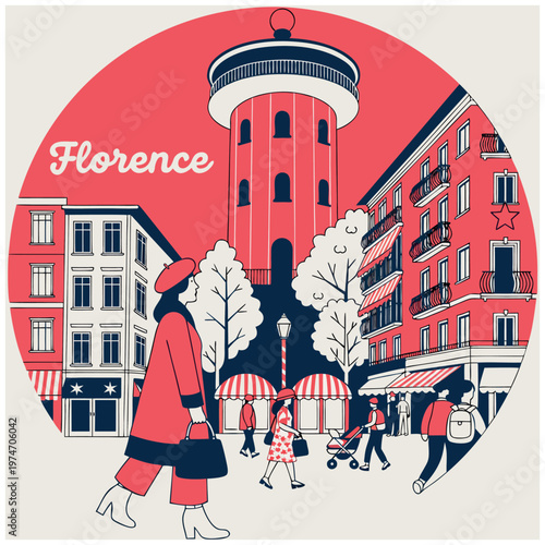 Florence Italy City Street Scene Illustration with Stylish Woman in Red Coat and Beret, Modern Minimalist Vector Travel Poster Design