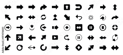 Collection of diverse black arrow icons and symbols on a white background, vector art