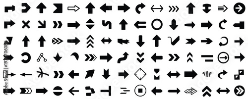 Large set of various black arrow icons and symbols for navigation and direction, vector