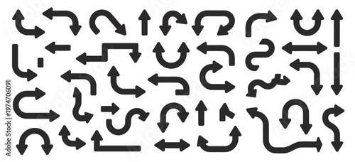 Assortment of curved and winding black arrow icons and symbols for direction, vector