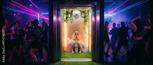 Woman in rainbow tulle dress sitting on toilet in glass booth at nightclub while people dance with lasers and disco ball