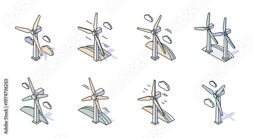 Wind turbines in various motion.