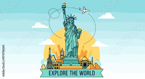 Iconic Statue of Liberty and global landmarks symbolizing worldwide travel and exploration.