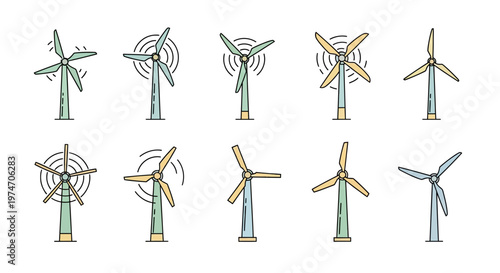 Wind turbines in various motion.