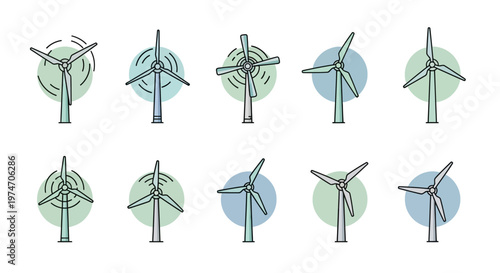 Wind turbines in various positions.