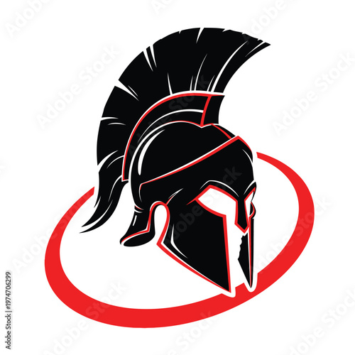 Spartan Warrior Helmet Logo Vector, Ancient Greek Gladiator Mascot Emblem in Red and Black, Athletic Team Branding and Gaming Icon