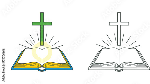Holy Bible Book with Christian Cross and Shining Light Rays Icon Set, Religious Scripture Illustration for Church and Faith Concepts in Color and Outline Style Vector