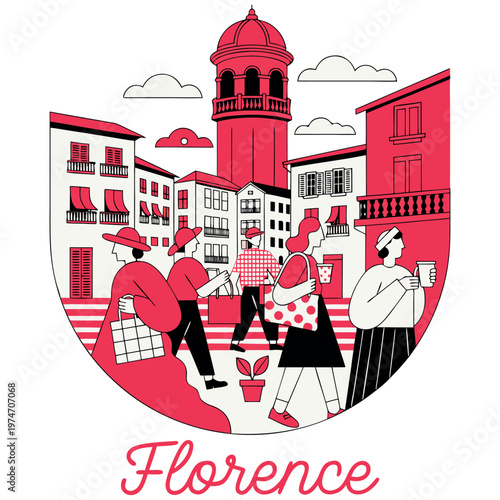 Vibrant Flat Style Illustration of Florence Italy City Scene with Tourists, Shoppers, and the Iconic Cathedral Dome Architecture in Red and White Tones