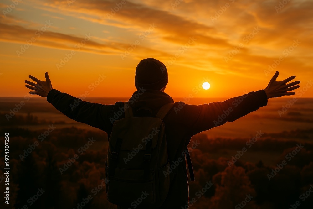 Fototapeta premium Silhouette of a person enjoying sunset view. Scenic landscape inspires peace and tranquility. Outdoor adventure concept captures freedom and connection with nature. Perfect for travel.