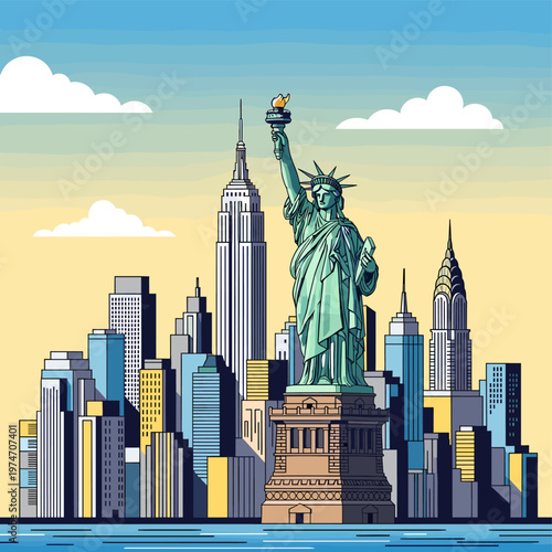 Canvas-taulu Iconic Statue of Liberty and New York City Skyline with Empire State Building and Chrysler Building