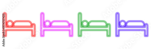 Set of colorful neon bed icons with a person sleeping on each one, representing rest, sleep, and hotel accommodations in a modern graphic style.