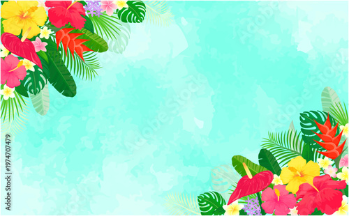 トロピカルな植物の水色背景フレーム1_横