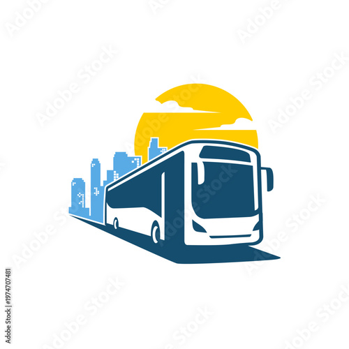 city bus transportation logo with skyline and sun illustration