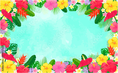 トロピカルな植物の水色背景フレーム4_横