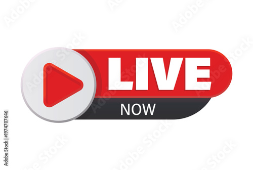 red live now label with play button icon for real time video streaming and online media