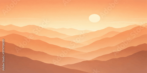 Beautiful mountain landscape with sunrise and sunset light, glowing sky, soft clouds, and peaceful natural scenery