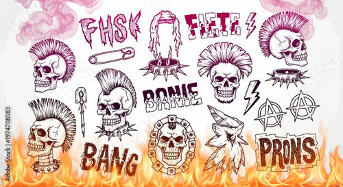 Punk rock skull vector set, mohawk skulls and anarchy symbols, edgy underground subculture illustrations, gothic hand drawn elements for apparel