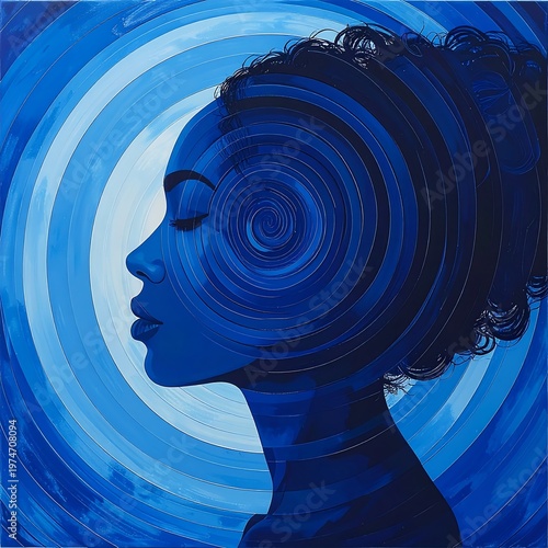 A serene portrait in shades of blue. The profile of a woman with closed eyes is overlaid with concentric swirling patterns