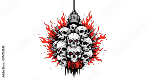 Edgy skull wrecking ball vector illustration, burning human skulls with red fire flames, heavy metal rock music graphic for t-shirt design