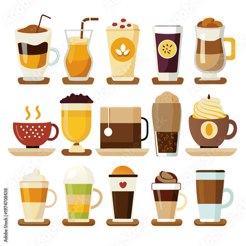 Modern coffee drinks set with espresso, latte, cappuccino and iced beverages.Isolated vector illustration.