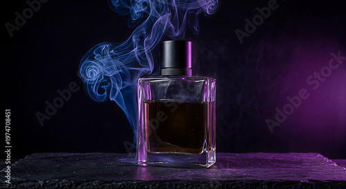 perfume bottle on black background with cyberpunk lighting