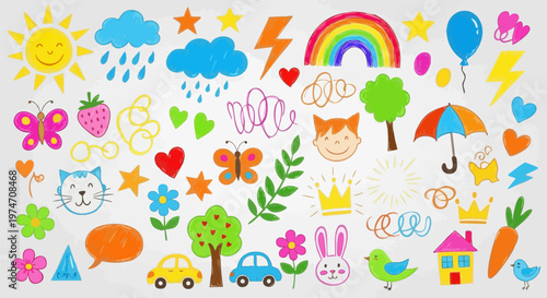 Hand drawn kids doodle set, colorful crayon drawings of sun and rainbow, cute childish sketch icons for nursery decoration and school projects