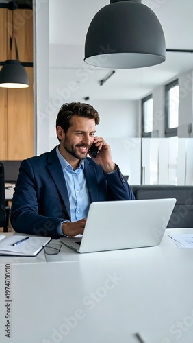 A smiling man in a blue suit uses a laptop and talks on a phone in a bright office setting with light fixtures