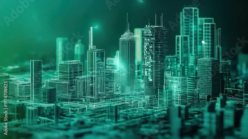 Futuristic, stylized cityscape in shades of teal, with illuminated outlines. Focus on towering structures