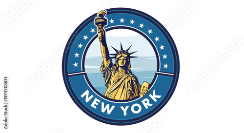 Iconic Statue of Liberty emblem with "New York" text and stars, representing the city and its landmarks.