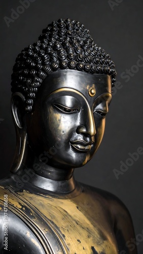 A serene portrait of a metallic religious figure, featuring a closed-eye gaze and intricate, detailed facial features. The sculpture's surface has a gold accent