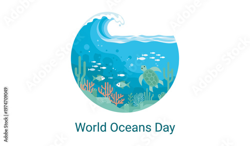 World Oceans Day Illustration with Marine Life, Sea Turtle and Coral Reef