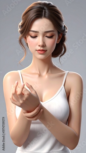 A serene portrait of a woman in a white tank top, hands clasped near her chest, with soft lighting and a neutral backdrop